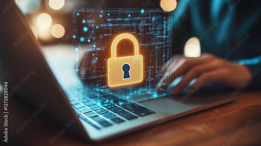 Poster person using laptop with padlock on screen illustrating cybersecurity and global network security co
