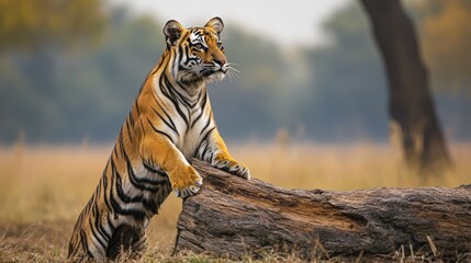 Fototapeta premium Majestic bengal tiger standing on fallen log in natural habitat