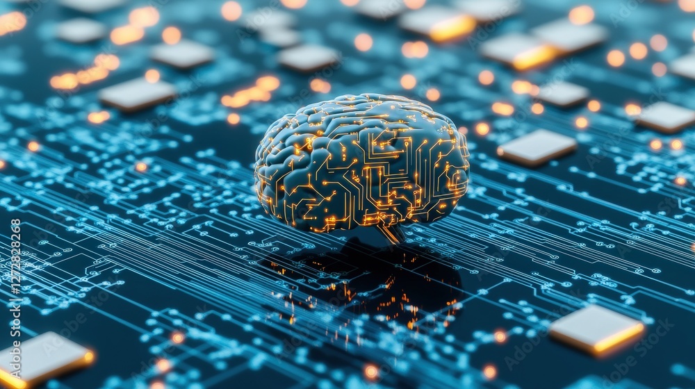 Poster brain on a circuit board with a dark blue technology background representing artificial intelligence