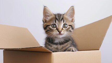 Adorable Tabby Kitten Curiously Sitting in Open Cardboard Box