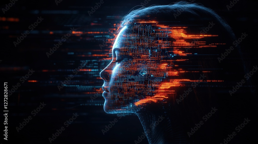 Aufkleber womans face illuminated by orange light depicting a cyberpunk hacker in a futuristic environment