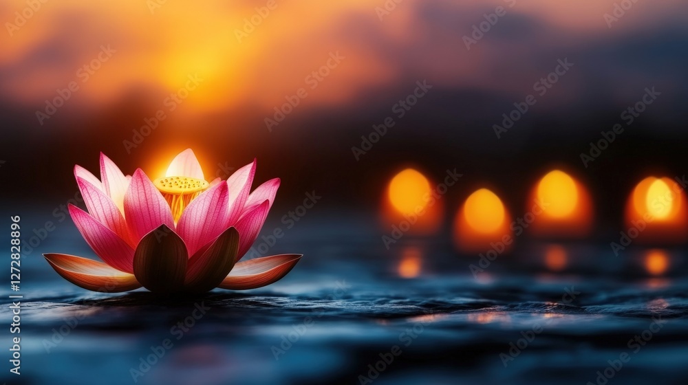 Poster Pink lotus flower floating on water with a blurred background creating a serene and tranquil atmosphere