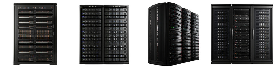 Set of a large server with many hard drives, black in color, isolated on a transparent background. 
