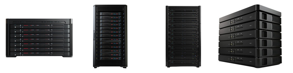 Set of a large server with many hard drives, black in color, isolated on a transparent background. 