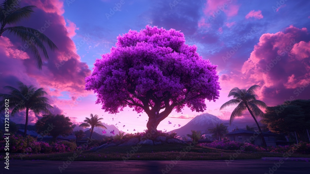 Poster tree in a lush tropical setting with vibrant colors and digital elements in a dreamlike environment