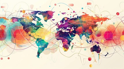 Obraz premium A vibrant and colorful world map featuring abstract patterns and shapes, capturing the essence of global connectivity.