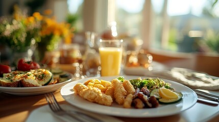 A beautifully arranged breakfast plate with fish, salad, and juice, set in a cozy dining space.