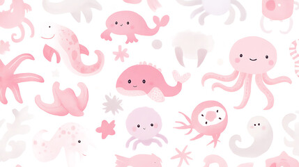 Pink Ocean Friends Whales Octopus Seahorse Seamless Cute Pattern for Kids and Babies Decoration.