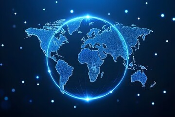 Fototapeta premium Abstract mash line and point scales on Blue dark background with map of the world. glowing blue 3D mesh polygonal network line, design sphere, dot, and structure.