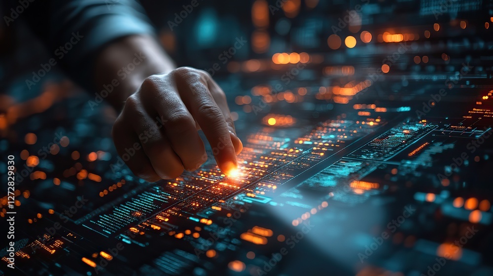 Poster businessman presenting glowing digital marketing graph with data visualization on dark background 3d