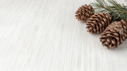 Pine cones on a white wooden surface
