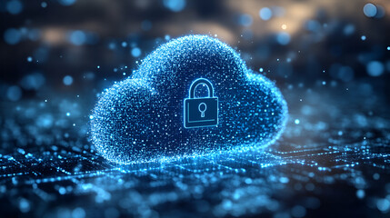 Holographic cloud computing icon, digital security, futuristic technology, cyber network