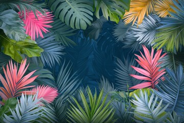Fototapeta premium A vibrant arrangement of tropical leaves in various colors, framing a central dark area, creating a lush and inviting atmosphere.