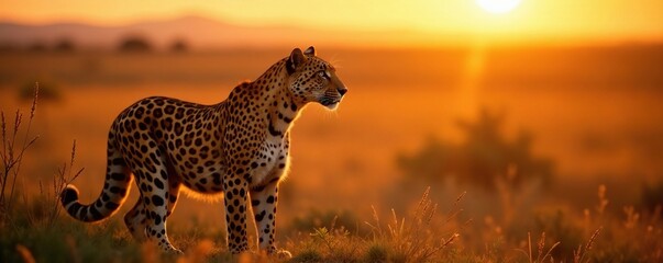 Obraz premium Leopard's golden fur glistens in fading light of sunset, glow, grasslands, sunset