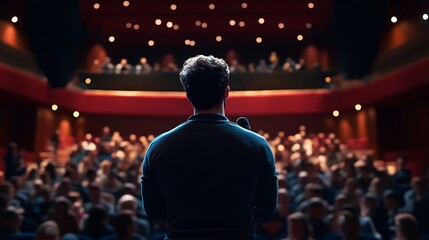 Man Public Speaking to Large Audience in Theater Giving Business Presentation