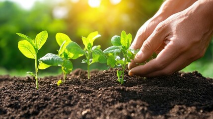 Persons hand planting seedling in soil for regenerative agriculture and sustainable farming practices