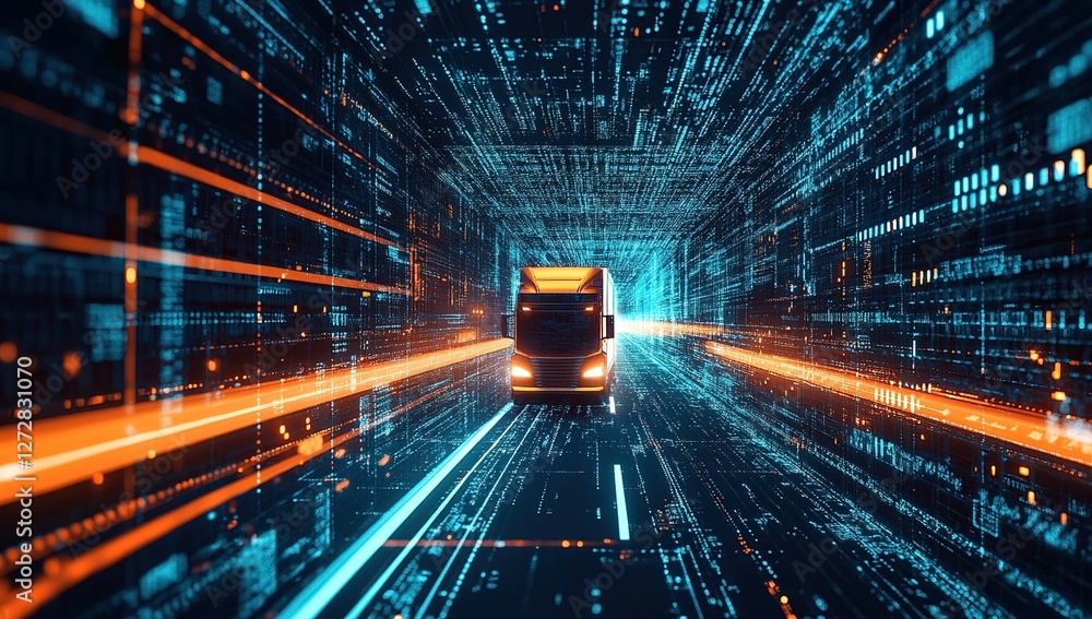 Poster truck drives through digital highway of data streams and code, representing future transportation te