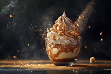 Delicious Creamy Dessert with Caramel and Crushed Cookies Toppings