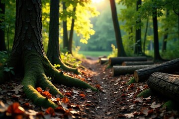 Obraz premium Logs scattered on a once-thriving forest floor, fading light, tree life cycle, rotting leaves