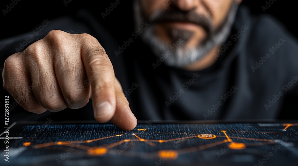 Poster focused man interacting with digital data visualization on dark screen