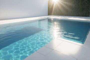 Sunlit modern rectangular swimming pool with clear blue water and white tiles.