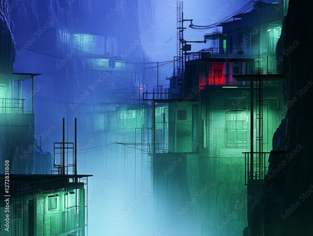 Poster a futuristic landscape featuring illuminated structures nestled between towering cliffs, enveloped i