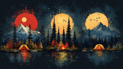 camping,outdoor adventure t shirt design bundle with vector illustrations of tents mountains,campfires