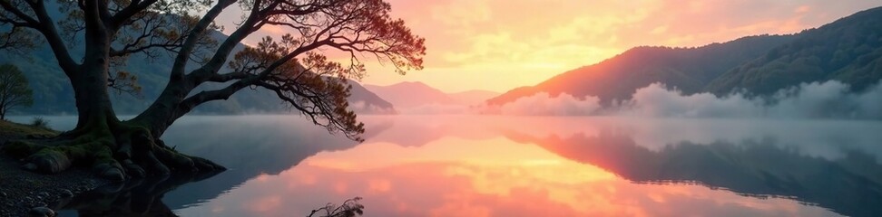 Misty dawn on a Scottish loch with ancient tree branches, water, Scotland, trees