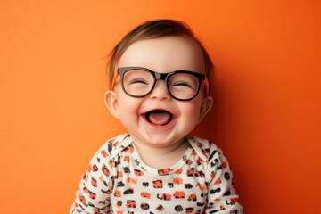 A cute baby wearing glasses is smiling brightly for the camera