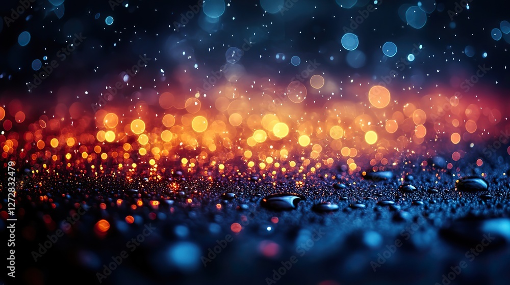 Poster captivating bokeh effect with water droplets,gleaming lights on a dark backdrop