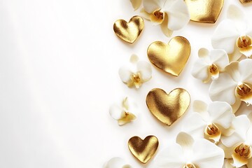 Obraz premium Elegant Women's Day poster with gold foil hearts and elegant white orchids on a sophisticated white background.