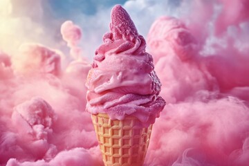 Delicious Pink Soft Serve Ice Cream Cone with Fluffy Background