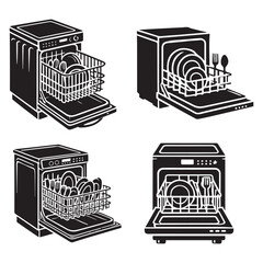 4 set of black  Vector Silhouette of a Dishwasher on White Background