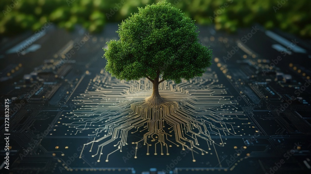 Poster tree growing on circuit board with technology background symbolizing nature and innovation in harmon