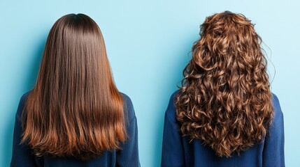 Two women with long hair standing in front of a blue wall showcasing hair treatment results before and after