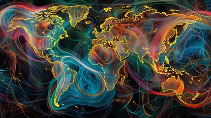 A vibrant, abstract world map with swirling colors, representing dynamic global connections and movement.