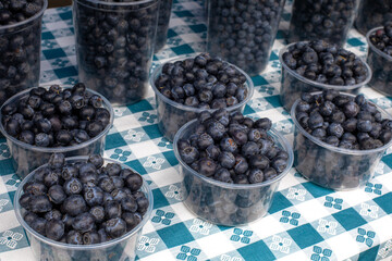 Plastic containers with fresh blueberries at farmers market stand