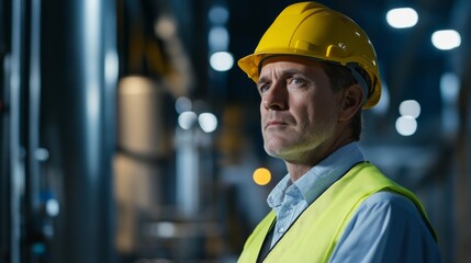 Confident engineer in safety gear, embodying professionalism and resilience in industrial expertise.