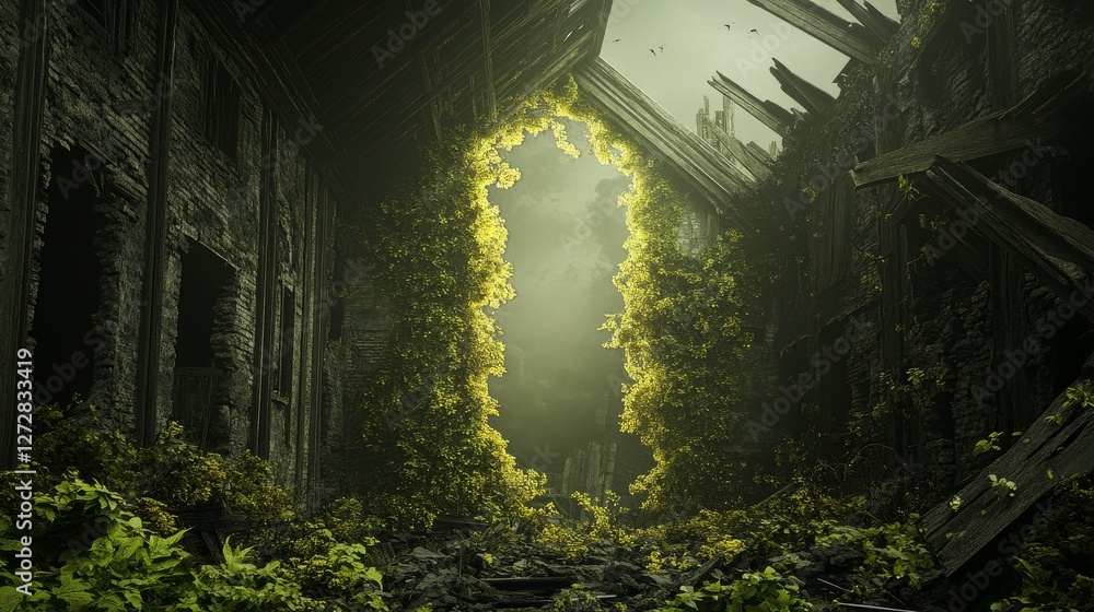 Poster a serene, overgrown space where nature reclaims a dilapidated building, featuring lush greenery and 