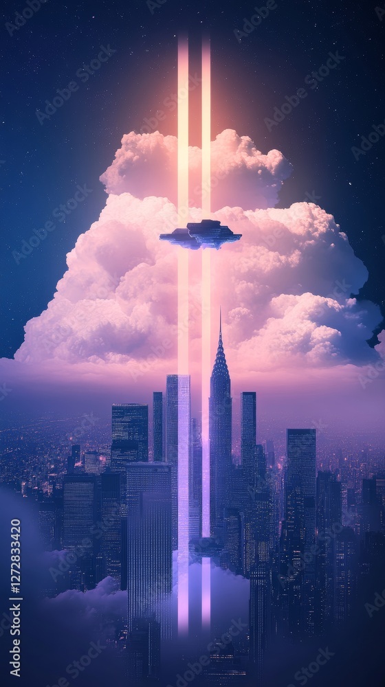 Poster a futuristic cityscape features towering skyscrapers under a colorful, cloudy sky, illuminated by be