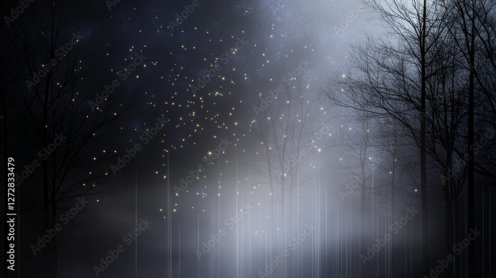 Poster a misty forest scene at night, with dim light filtering through trees and scattered particles resemb