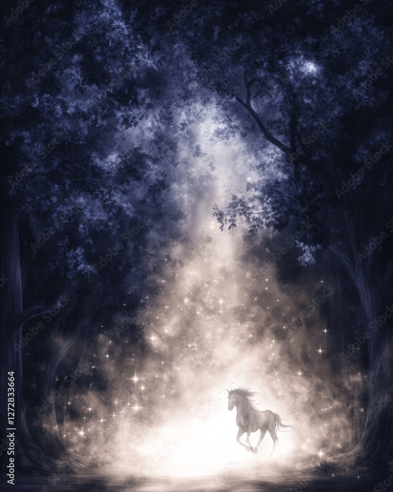 Poster a mystical scene featuring a glowing unicorn emerging from a foggy forest illuminated by soft light 