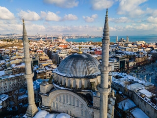 Fototapeta premium Winter Season in the Istanbul City Symbol Buildings Photo, Uskudar - Eminonu Fatih, Istanbul Turkiye (Turkey)
