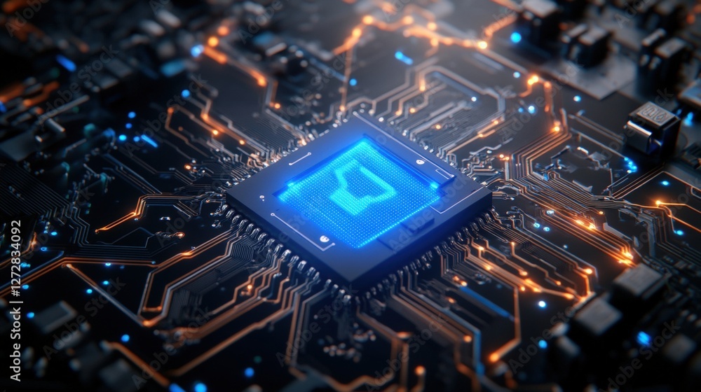 Poster blue computer chip on a black and white circuit board with a blue illuminated horizontal lock