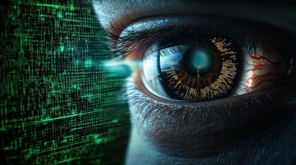 Close up of a human eye with digital scan on green technology background for cybersecurity theme