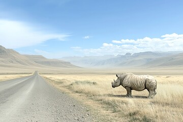 Fototapeta premium A solitary rhinoceros stands in a vast, open landscape, with a dusty road stretching into the distance beneath a clear blue sky.