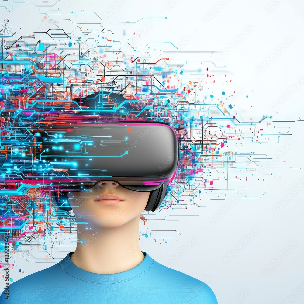 Poster a person wearing a virtual reality headset with colorful digital elements emanating from it, represe
