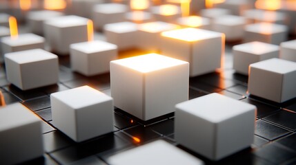 Glowing Cube Array Abstract Background Warm light illuminates a field of white cubes. AI Generated