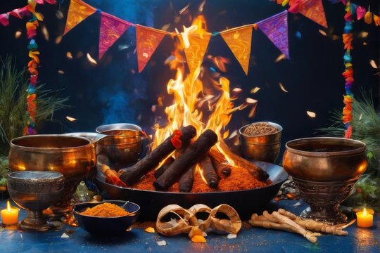 Indian Festival of Lohri Celebration with Colorful Decorations and Fire in Dark Blue Background  Festive Greeting Card Concept.