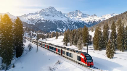 Train traveling on tracks near landwasser viaduct in a scenic heritage site landscape